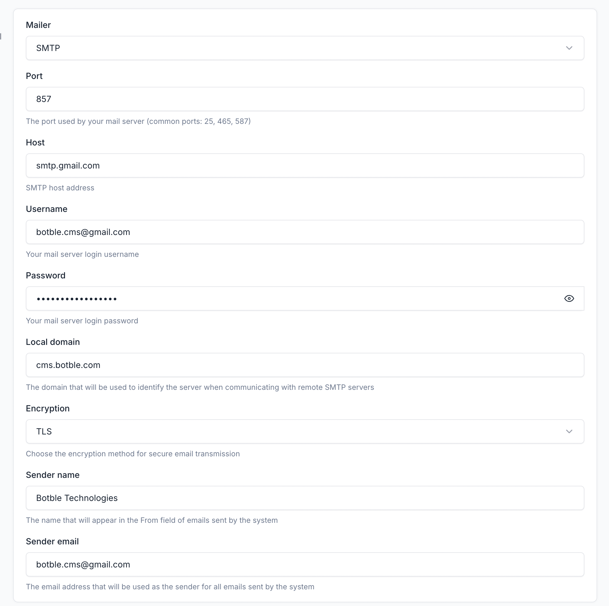SMTP Settings Example