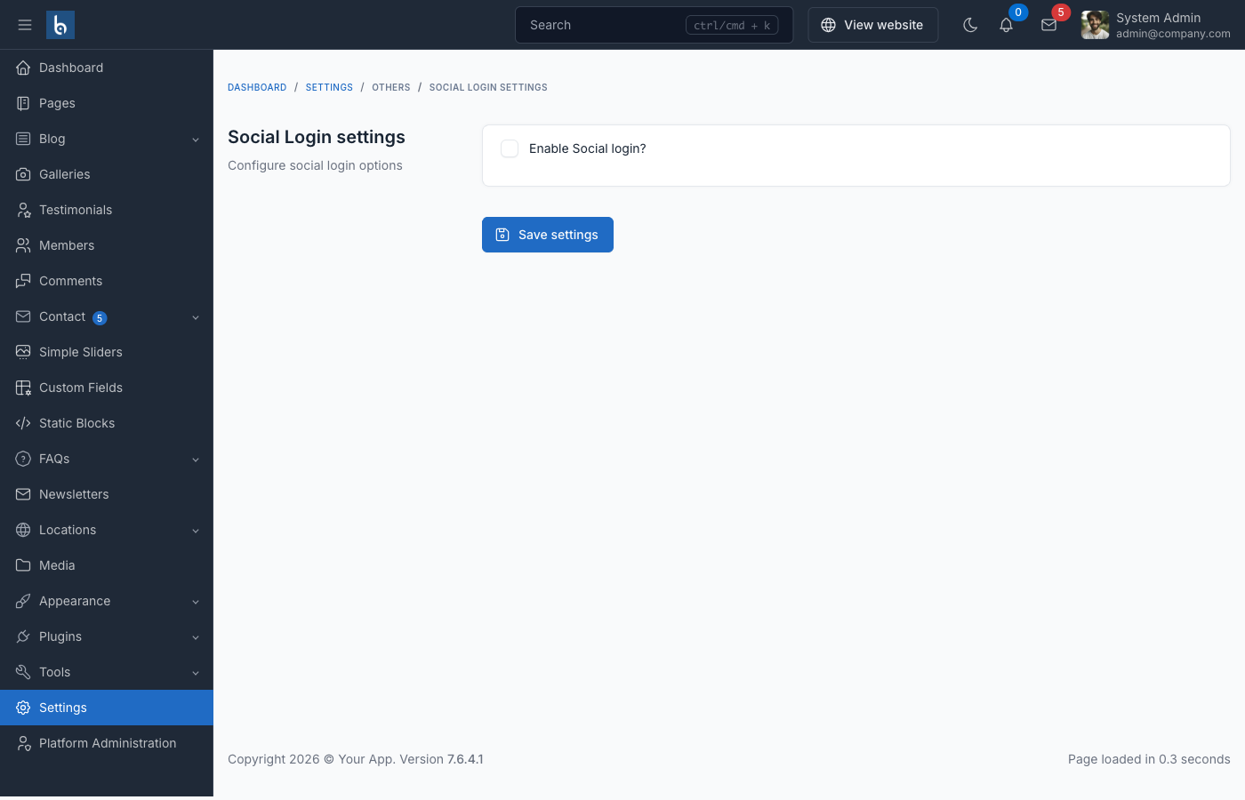 Social login settings