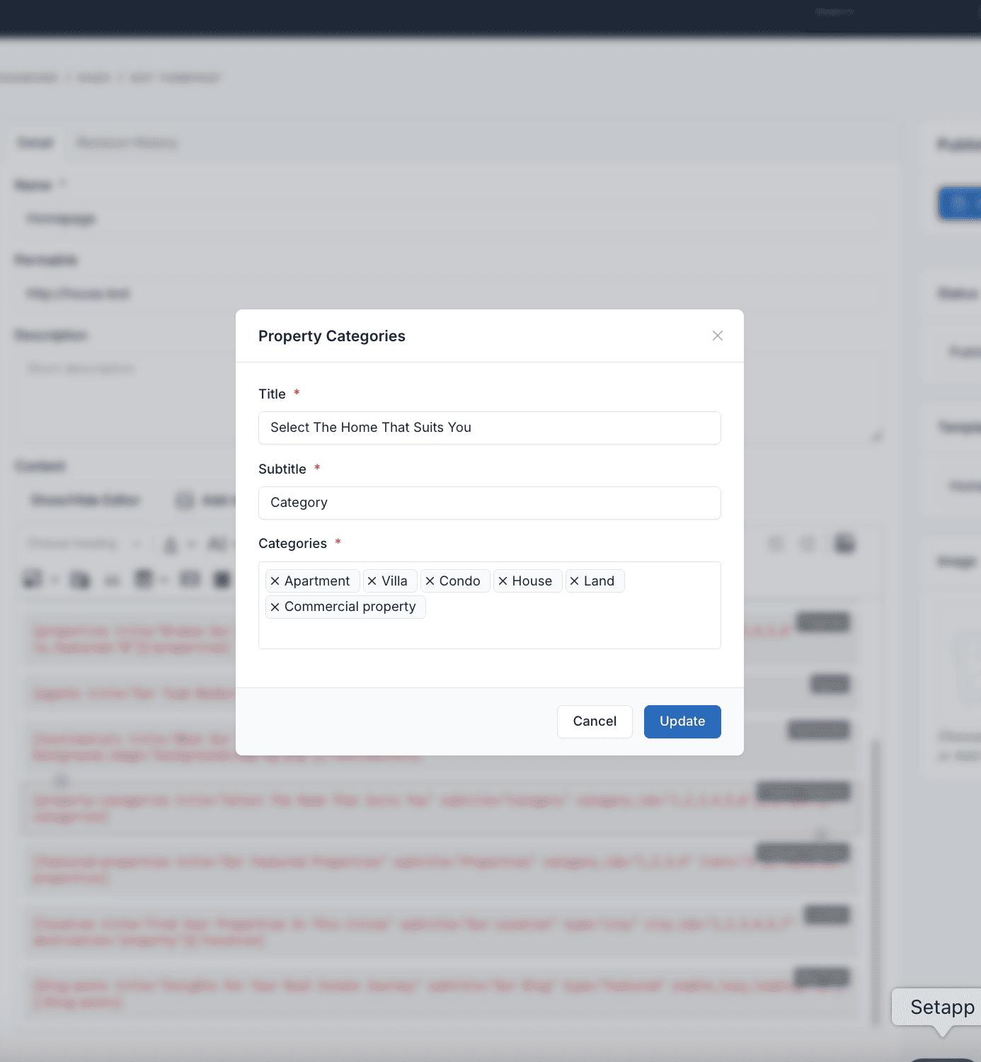 Setup Property Categories