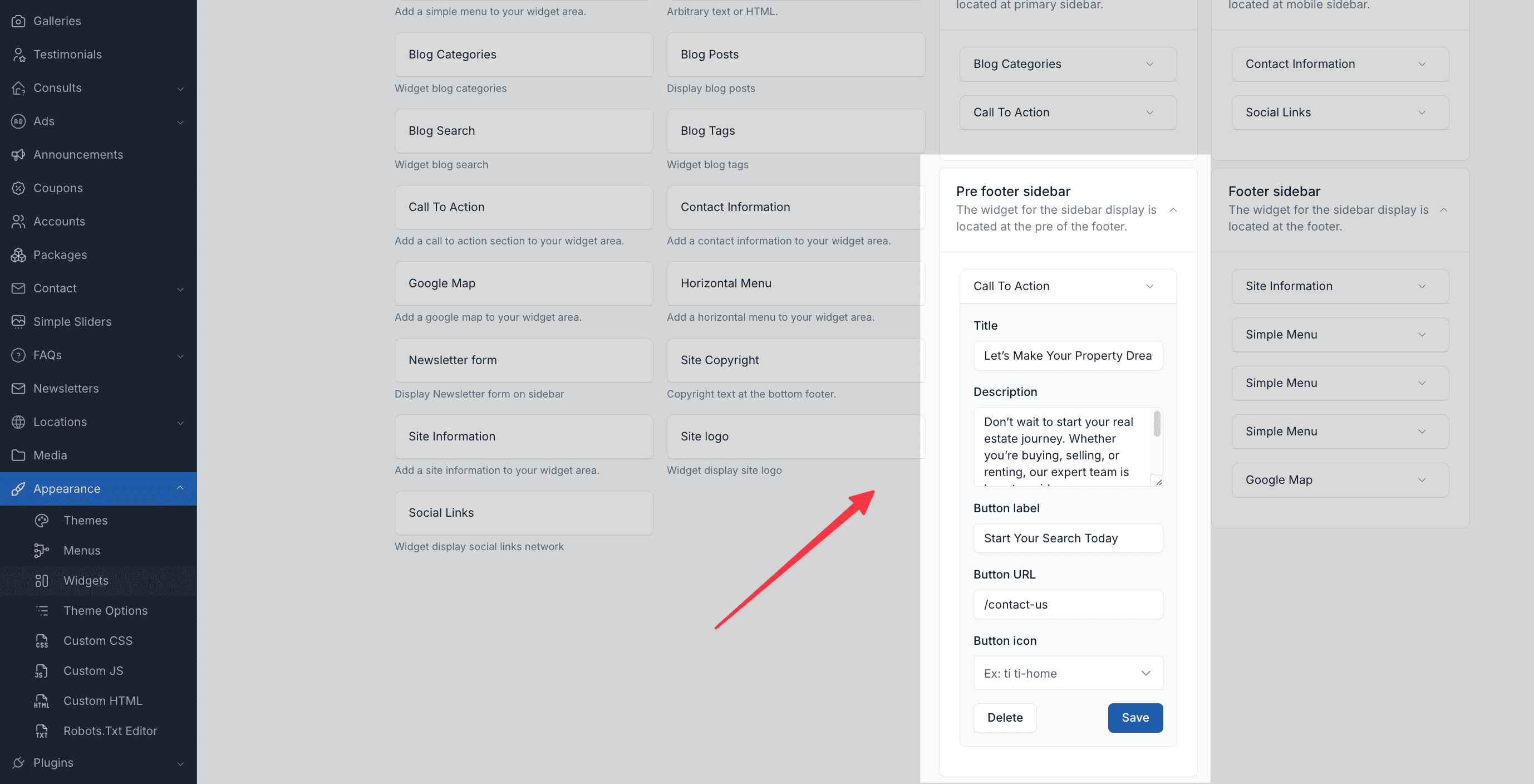 Setup Pre Footer Sidebar